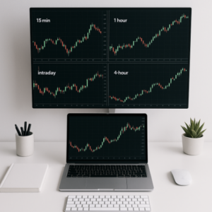 computer on desk with keyword and mouse, pointed towards monitor with performance report